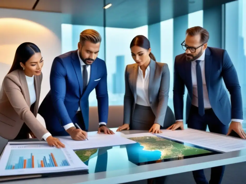 Equipo diverso en due diligence inmobiliario internacional de lujo Equipo diverso de profesionales inmobiliarios realizando una minuciosa due diligence en propiedad internacional lujosa