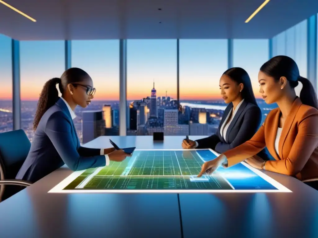 Equipo diverso de profesionales inmobiliarios en reunión de alta tecnología Equipo diverso de profesionales inmobiliarios en una sala de juntas tecnológica, discutiendo documentos y planos con vista a la ciudad al atardecer