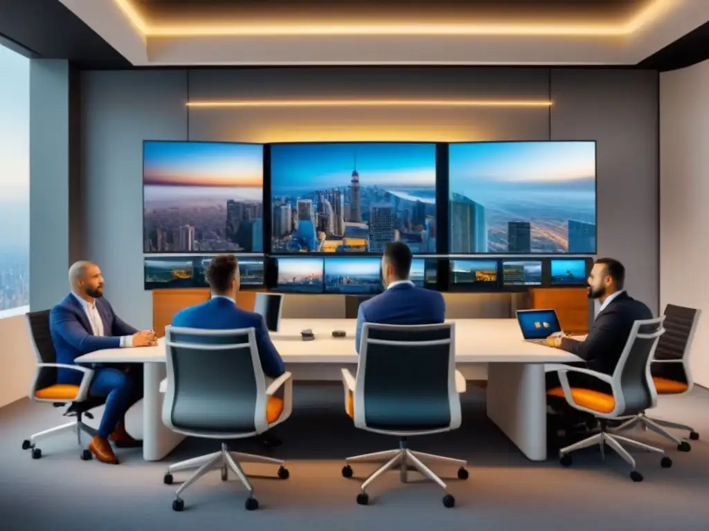 Profesionales inmobiliarios colaborando en espacio moderno Un equipo diverso de profesionales inmobiliarios colaborando en una oficina moderna con tendencias de marketing inmobiliario internacional