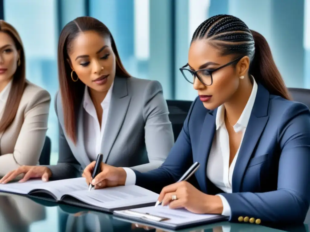 Equipo legal diverso revisando inversiones inmobiliarias globales Un equipo diverso de profesionales legales revisa documentos de inversiones inmobiliarias globales en una oficina moderna
