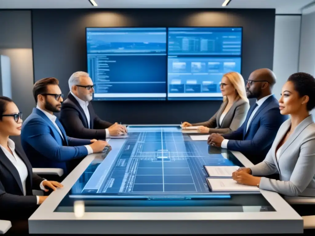 Equipo de profesionales en meticuloso proceso de diligencia debida Un equipo diverso de profesionales se reúne en una oficina moderna para realizar un minucioso proceso de Due Diligence en mercado internacional