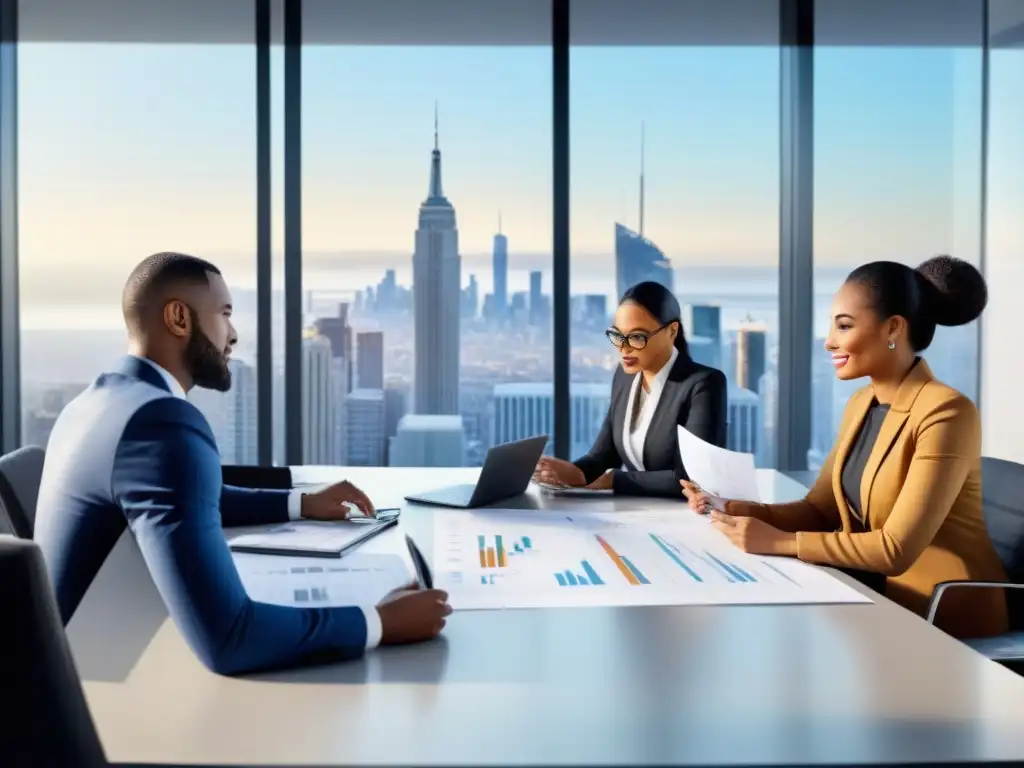 Profesionales en reunión estratégica en oficina moderna Un equipo diverso de profesionales en una oficina moderna discutiendo estratégicamente sobre desafíos sinergias postfusión inversión inmobiliaria
