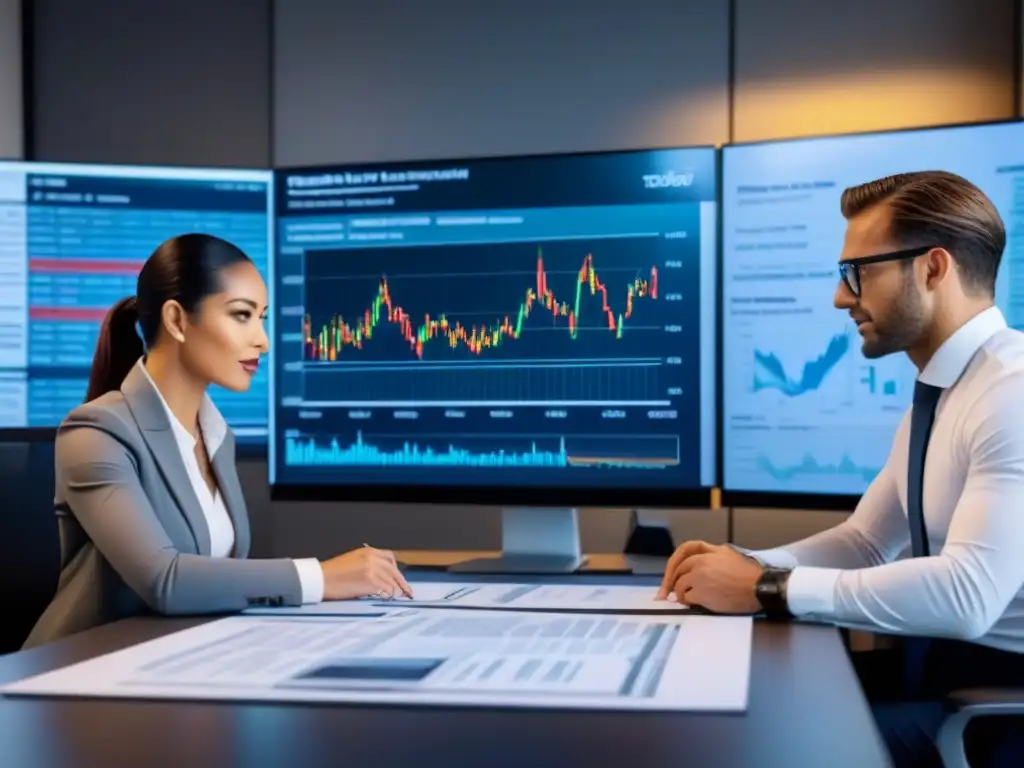 Profesionales exitosos colaborando en estrategias de inversión inmobiliaria Equipo diverso de profesionales colaborando en una oficina moderna, discutiendo estrategias de inversión en REITs