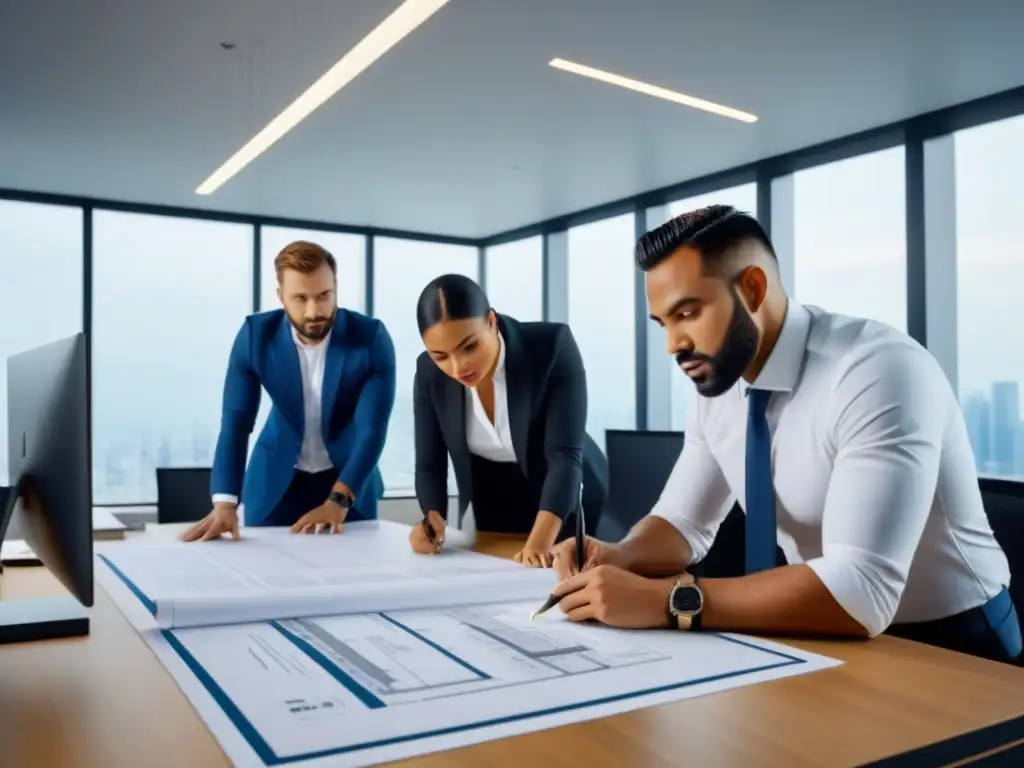 Equipo de profesionales analizando planos en oficina moderna Un equipo diverso de profesionales analiza minuciosamente planos y modelos arquitectónicos en una oficina moderna y elegante