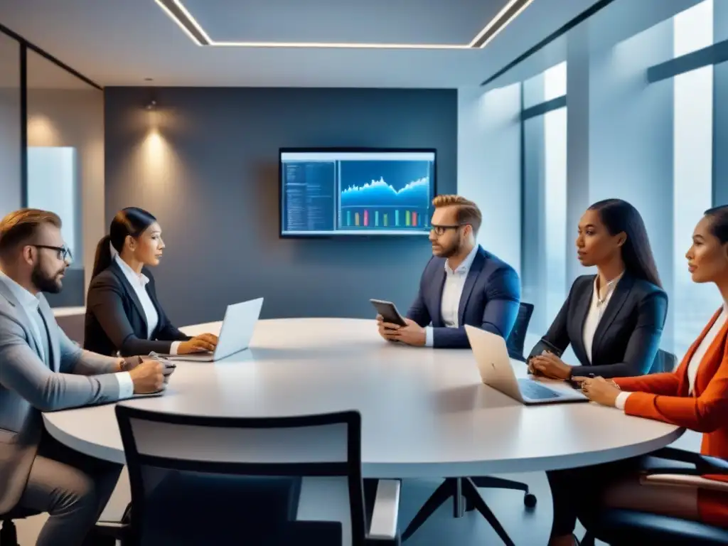 Reunión de crisis en oficina moderna: expertos colaborando Un equipo diverso de profesionales en una reunión de manejo de crisis en una oficina moderna y elegante