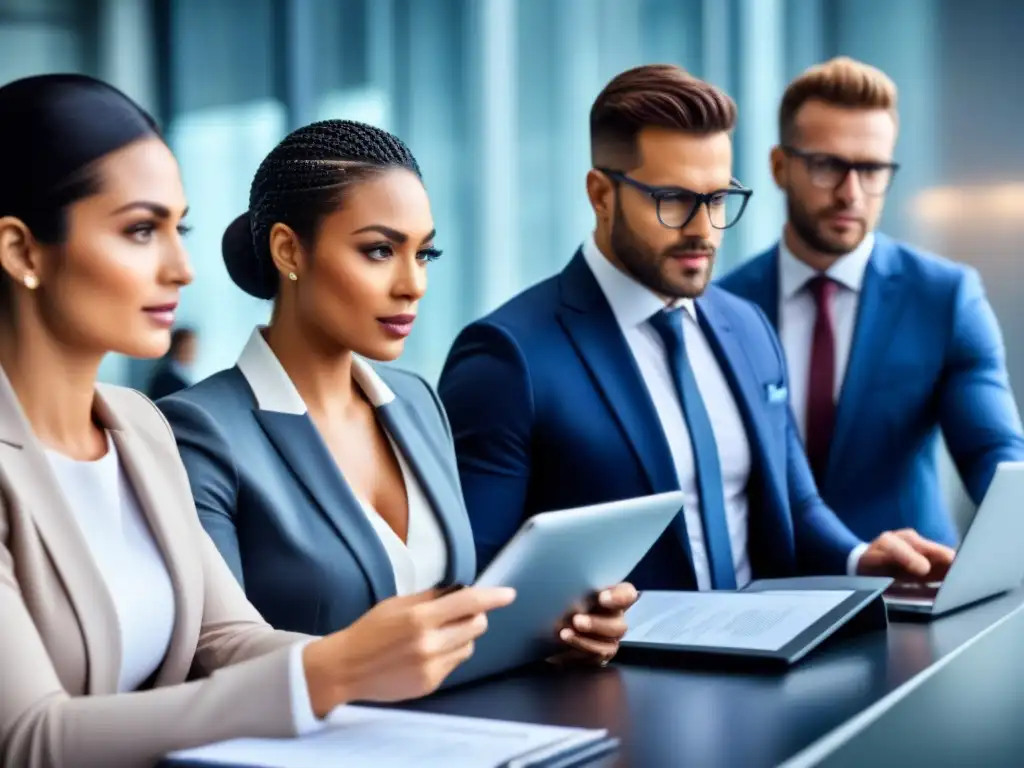 Equipo profesional realizando Due Diligence en oficina moderna Un equipo diverso de profesionales en trajes de negocios realizando Due Diligence en un entorno de oficina moderno