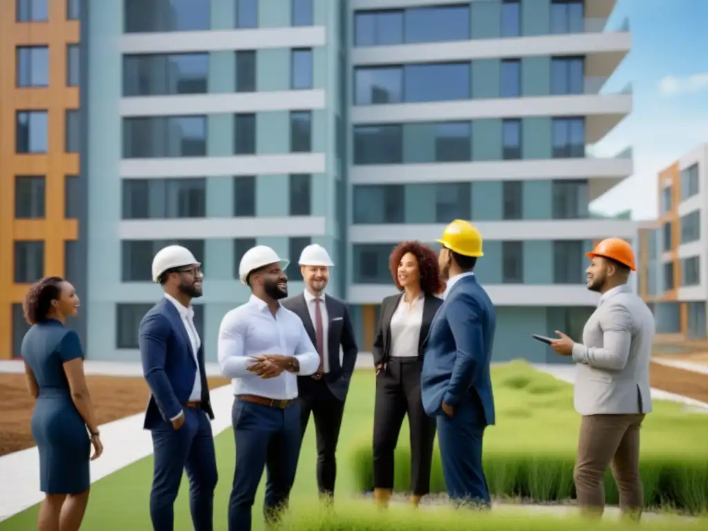 Equipo diverso en construcción sostenible: innovación y colaboración Equipo diverso colabora en proyecto innovador de vivienda asequible con financiamiento participativo