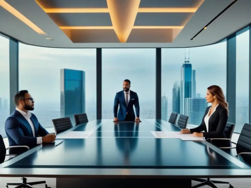 Estrategias de inversión inmobiliaria: equipo diverso en sala de juntas Equipo diverso en reunión de alto nivel, realizando due diligence mercado inmobiliario global