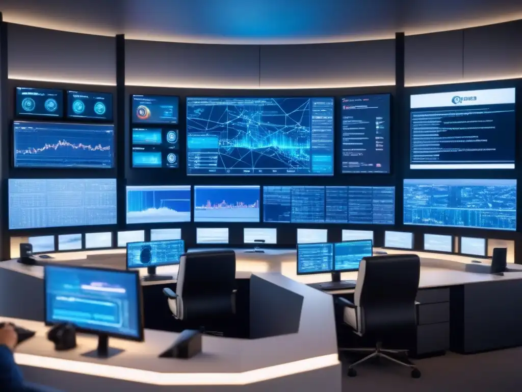 Control de ciberseguridad en rascacielos futurista Equipo diverso en sala de control futurista monitorea ciberseguridad en inversiones inmobiliarias internacionales