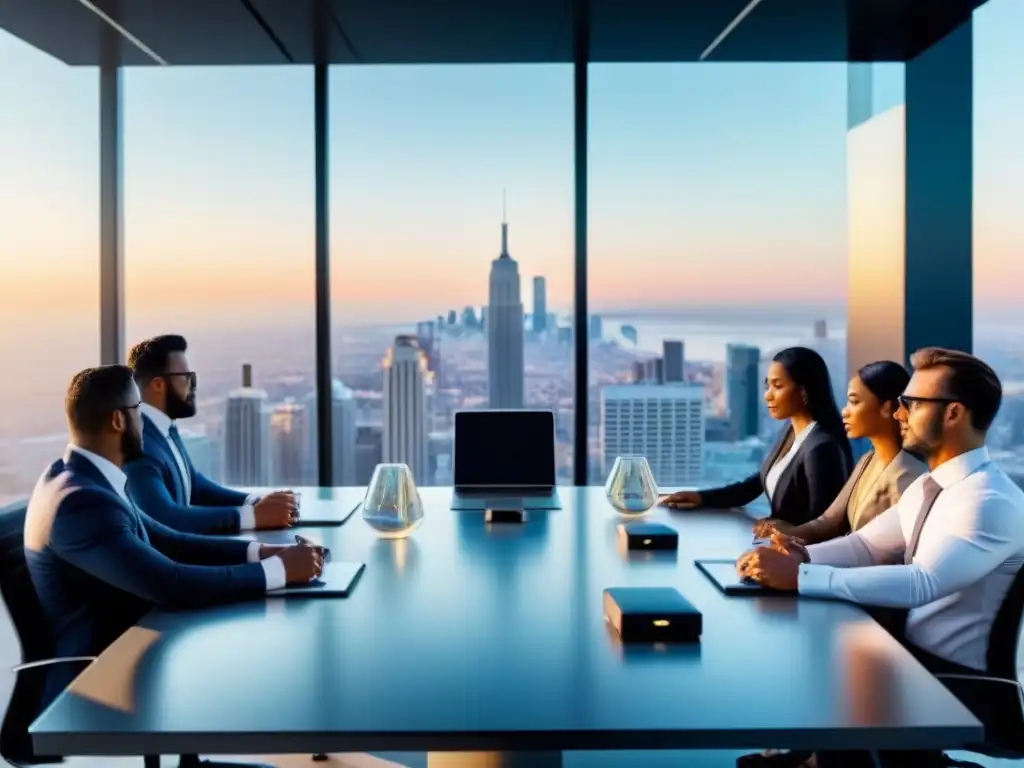 Brainstorming global inmobiliario: estrategia de éxito Equipo diverso en sesión de brainstorming sobre estrategia inversión inmobiliaria internacional en moderna oficina al atardecer