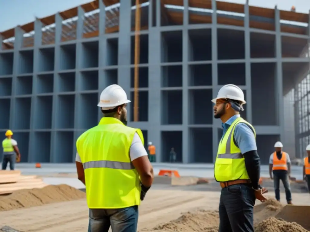 Equipo de constructores orgullosos en obra moderna Un equipo diverso de trabajadores de la construcción, orgullosos y seguros, junto a un moderno edificio en construcción