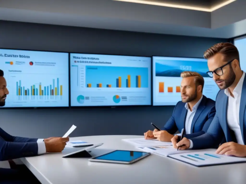 Profesionales inmobiliarios analizan datos de mercado en oficina moderna Equipo de expertos en marketing inmobiliario elaborando estrategias ROI en una moderna sala de reuniones