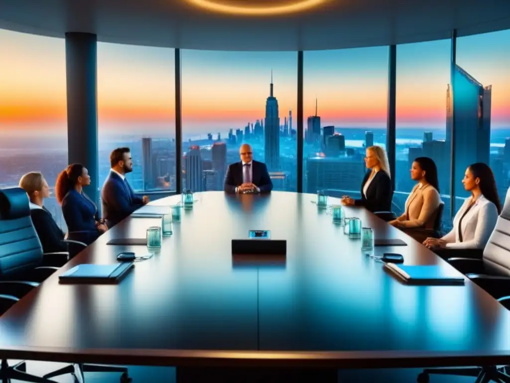 Estrategia de negocios al atardecer en sala de juntas de lujo Equipo ganador en estratégica reunión de fusiones y adquisiciones inmobiliarias al atardecer