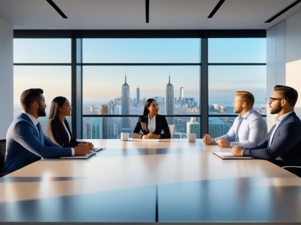 Equipo diverso en oficina moderna: éxito en fusiones inmobiliarias Un equipo ganador en una oficina moderna, discutiendo estrategias frente a una ciudad en crecimiento