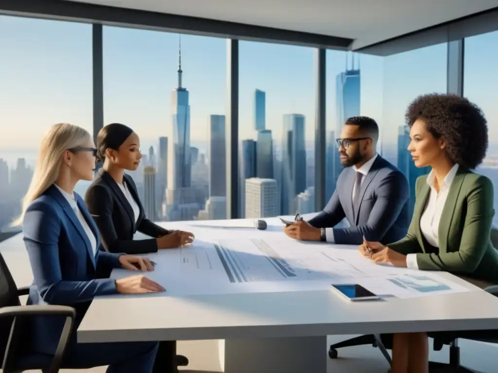 Equipo de profesionales diverso en reunión de innovación inmobiliaria Equipo ganador en reunión de fusiones y adquisiciones inmobiliarias en oficina moderna