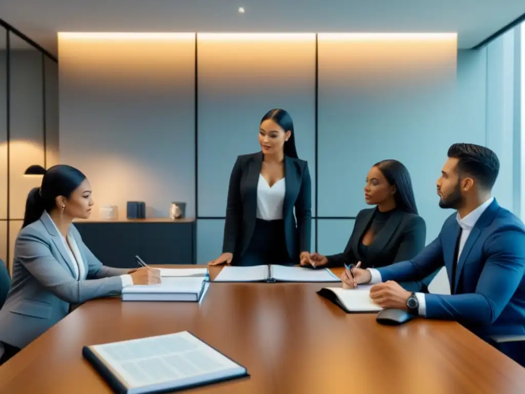 Equipo legal diverso discutiendo trampas legales inversor inmobiliario internacional en moderna oficina elegante