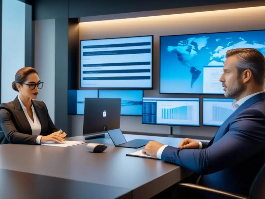 Expertos legales analizan inversiones inmobiliarias internacionales Un equipo legal examina documentos sobre propiedades internacionales en una sala moderna, transmitiendo seriedad y profesionalismo