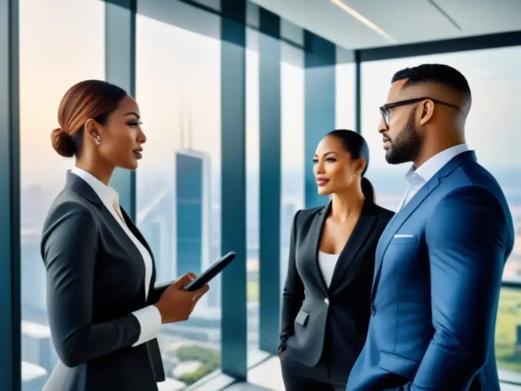Equipo multicultural de agentes inmobiliarios en reunión estratégica Un equipo multicultural de agentes inmobiliarios colaborando en estrategias de venta en una oficina moderna con vista a la ciudad