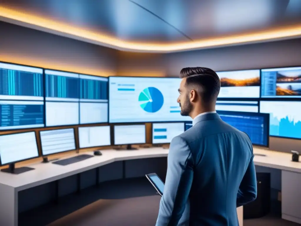 Control room futurista con análisis de redes sociales en tiempo real para agencia inmobiliaria Equipo profesional analizando datos de redes sociales para mejorar reputación online inmobiliaria