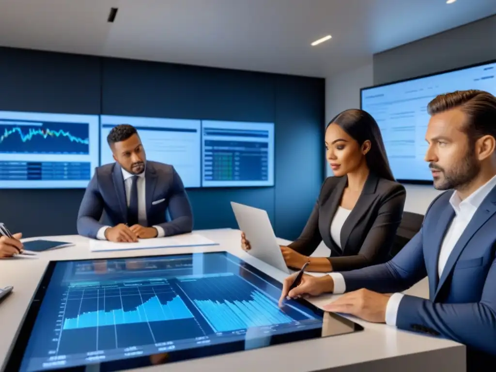 Profesionales en Due Diligence: Análisis meticuloso en sala moderna Un equipo profesional revisa detalladamente documentos financieros y planos en una sala moderna, destacando la Importancia de la Due Diligence
