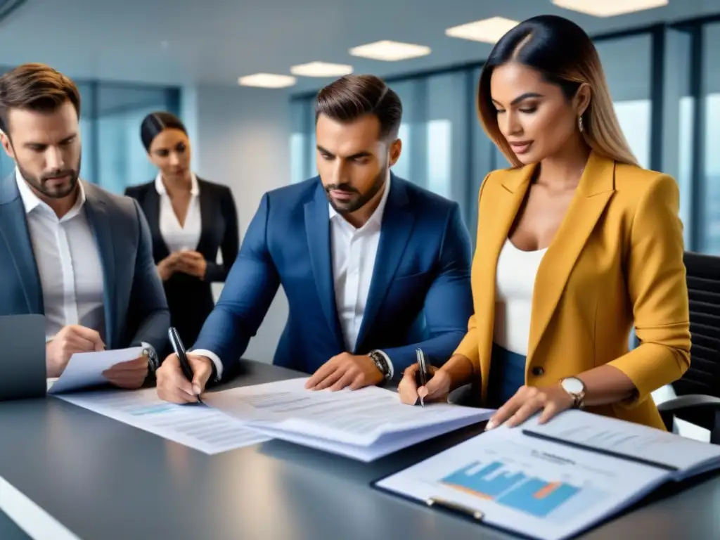 Profesionales realizando due diligence en M&A inmobiliario Equipo profesional realiza due diligence efectiva M&A inmobiliario en oficina moderna