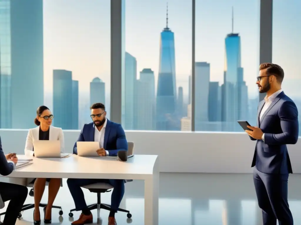 Profesionales en oficina moderna, colaboración y enfoque Equipo profesional discutiendo sobre REITs en oficina moderna