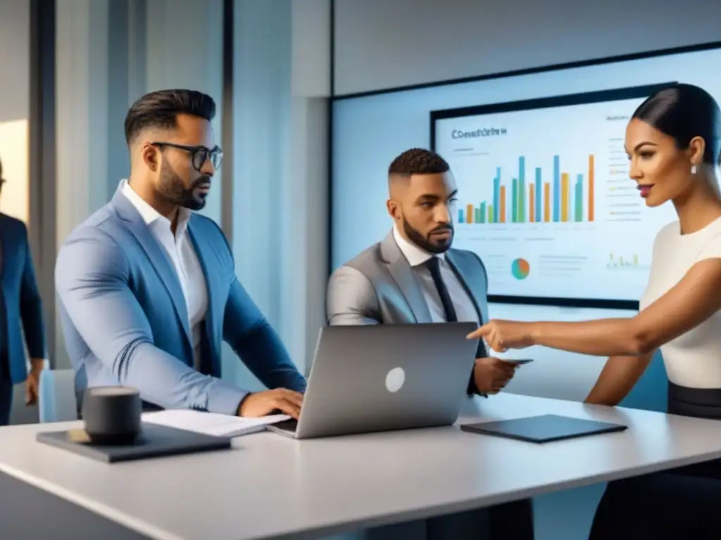 Profesionales en oficina moderna analizan inversión en timeshare Equipo de profesionales discutiendo beneficios fiscales inversión tiempo compartido en oficina moderna