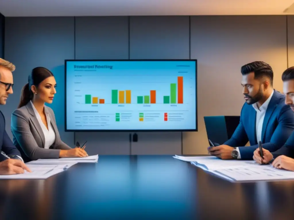 Equipo de expertos analizando inversiones inmobiliarias Un equipo de profesionales examina detalladamente documentos en una moderna sala de juntas