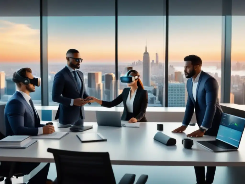 Equipo de expertos en due diligence: Análisis en oficina futurista Equipo de profesionales en moderna oficina realizando due diligence inmobiliaria con tecnología avanzada y vista a la ciudad