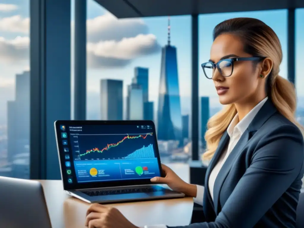 Profesionales colaboran en plataforma digital en oficina moderna Equipo de profesionales colaborando en plataforma en la nube para inversionistas en moderna oficina con vista a la ciudad