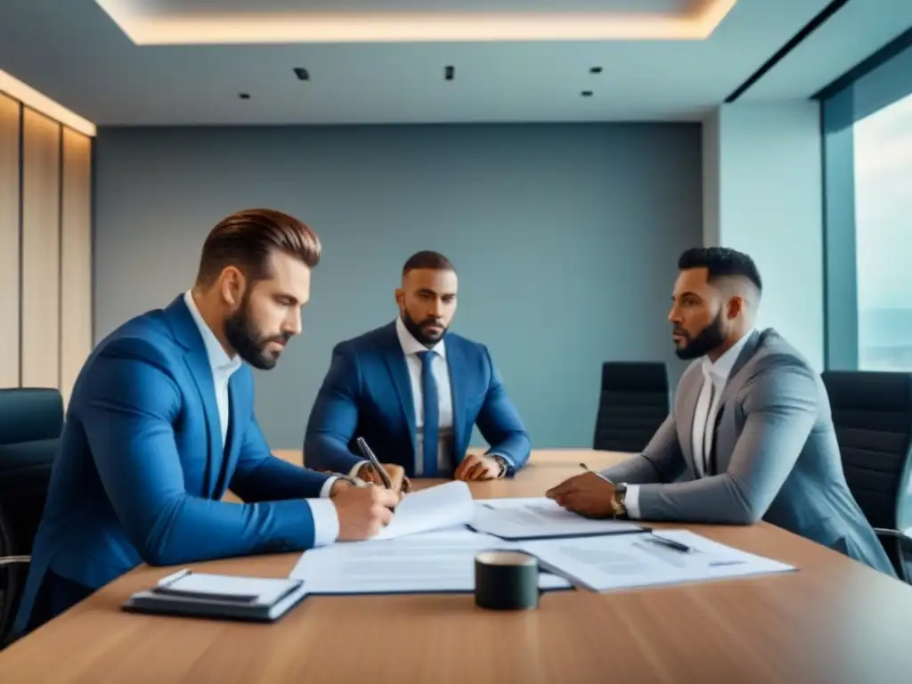 Profesionales en reunión para gestión de tiempo compartido Equipo de profesionales en traje de negocios discutiendo plan de gestión de propiedad en oficina moderna