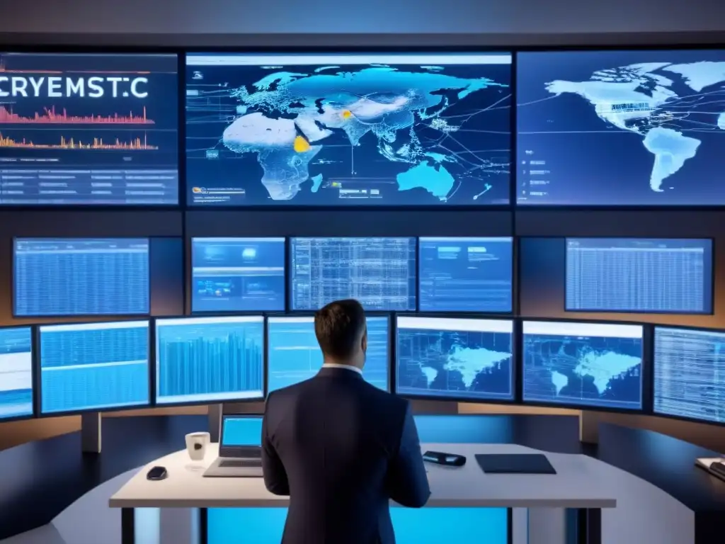 Control de ciberseguridad en tiempo real para inversiones inmobiliarias Equipo de profesionales en traje de negocios analizando datos en sala de control cibernético futurista con auditoría seguridad cibernética inversiones inmobiliarias