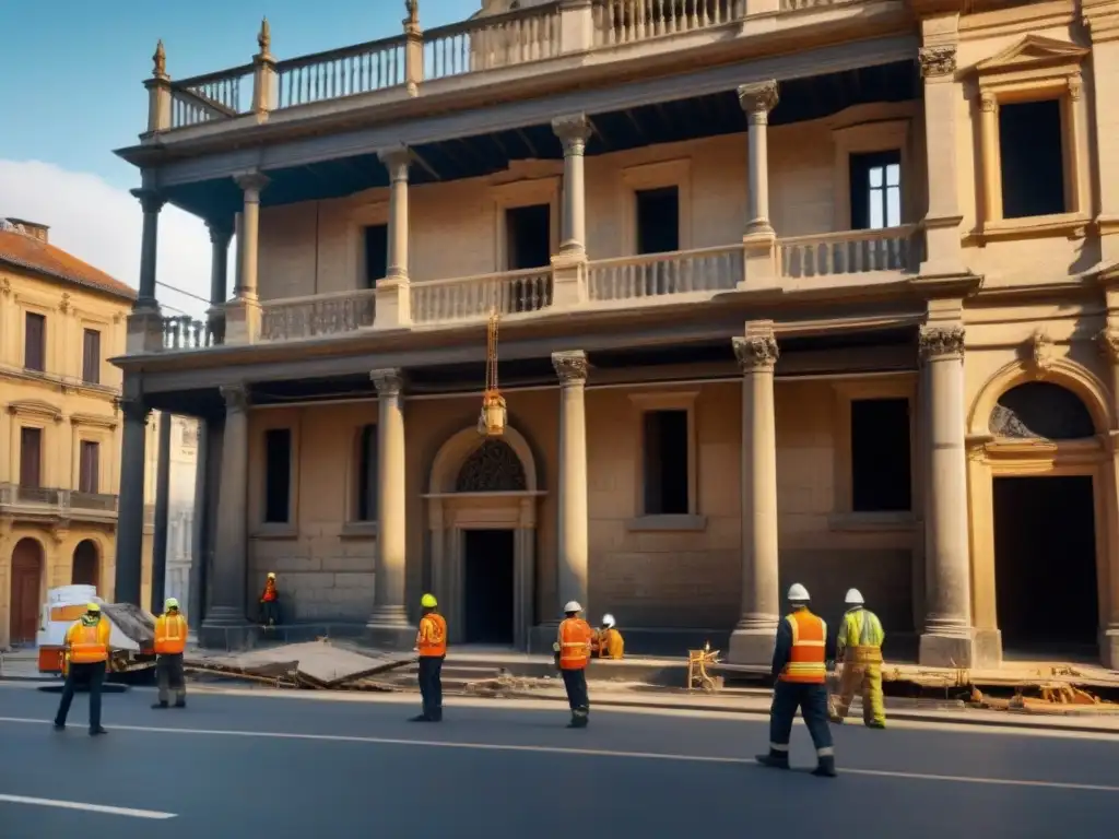 Restauración histórica: detallada reconstrucción postdesastre Equipo restaurando propiedad histórica postdesastre con soluciones meticulosas