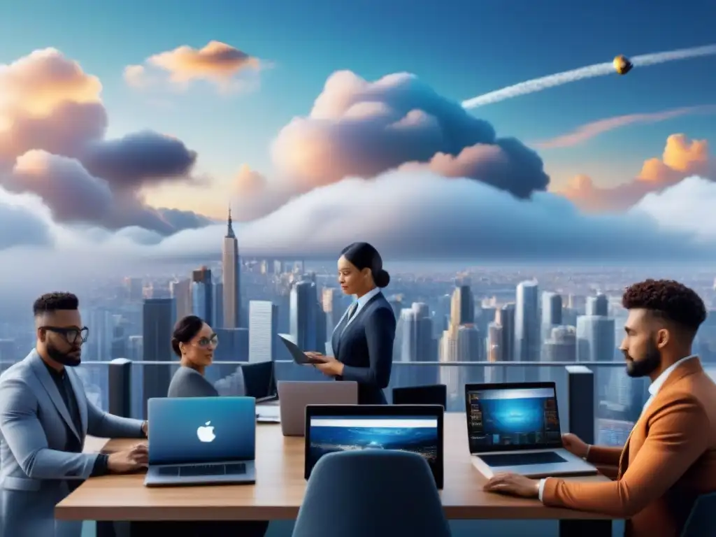 Equipo remoto global en la nube: colaboración digital Equipo remoto diverso trabajando en plataformas en la nube, conectados en una ciudad digital futurista