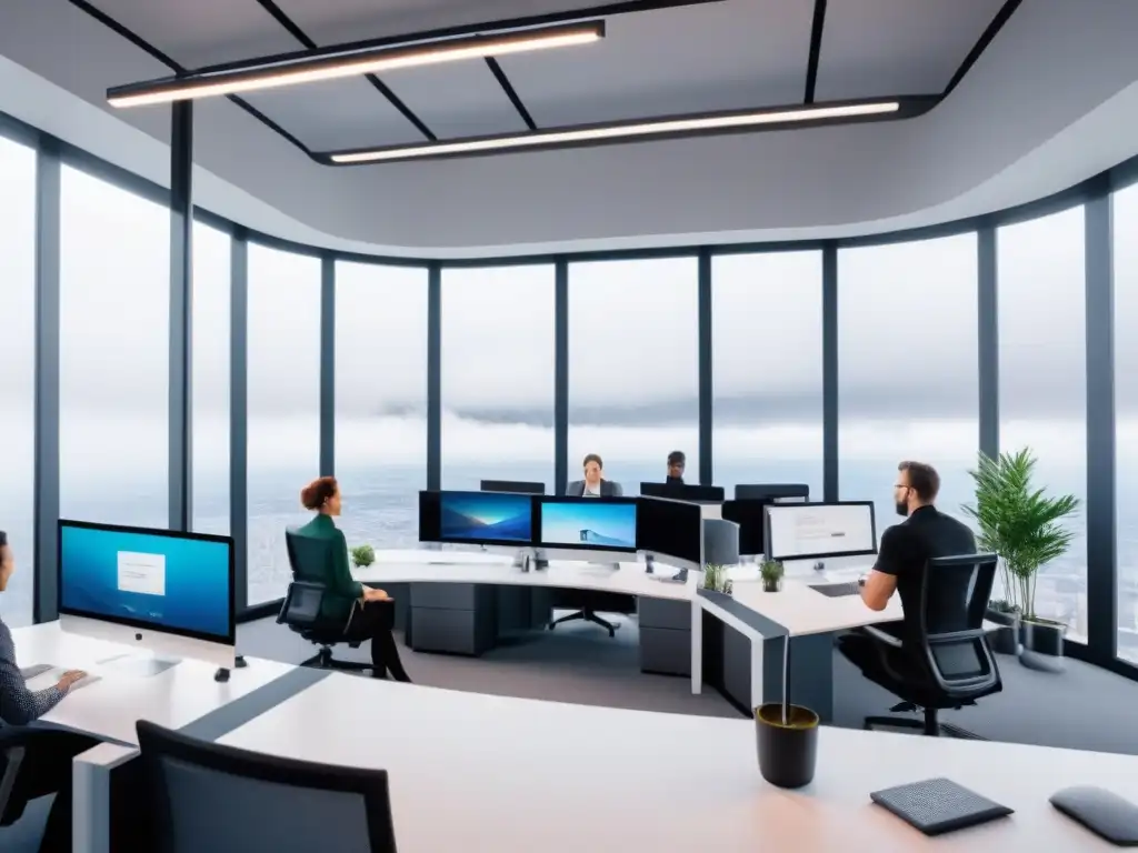 Innovación remota: profesionales colaborando en espacio futurista Equipo remoto en oficina futurista con plataformas en la nube para equipos remotos