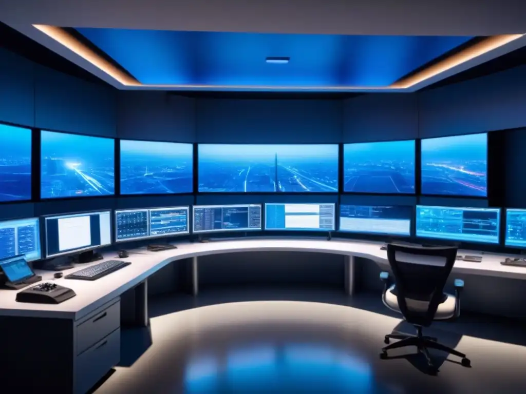 Sala de control futurista con tecnología avanzada y equipo de emergencia Equipo de seguridad en instalaciones inmobiliarias coordinando protocolos de emergencia en sala de control futurista y sofisticada
