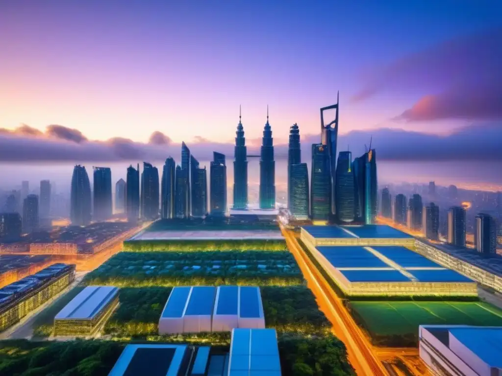Metrópolis futurista: rascacielos verdes y tecnología avanzada Errores comunes en la gestión inmobiliaria internacional: skyline futurista al atardecer con rascacielos verdes y tecnología avanzada
