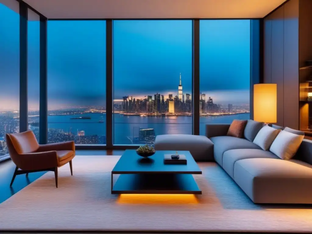 Salón moderno de lujo con vista panorámica al atardecer en la ciudad Evita errores en la gestión de propiedades automatizada con esta lujosa sala moderna y vista urbana al atardecer
