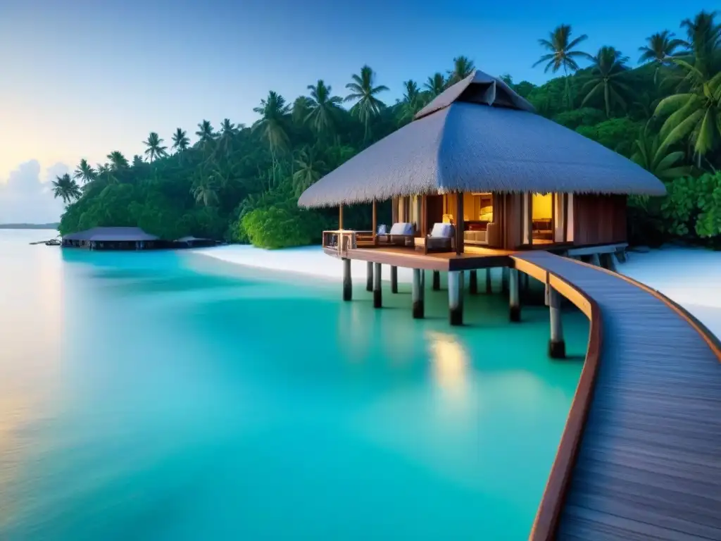 Paraíso exclusivo: atardecer romántico en un resort de lujo Escapada exclusiva en resort de isla privada con atardecer dorado y cena romántica