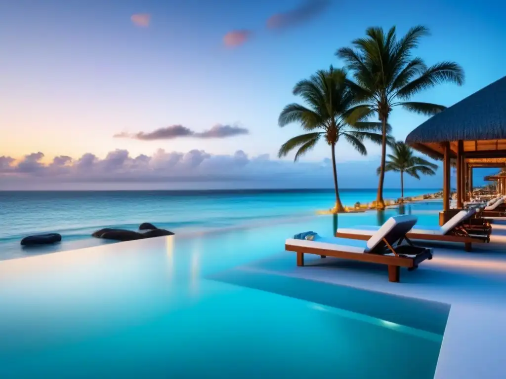 Paraíso de lujo frente al mar: relax y cocktails en resort de ensueño Una escapada de lujo en un resort moderno frente a la playa, con infinity pools, palmeras y una pareja disfrutando de cócteles