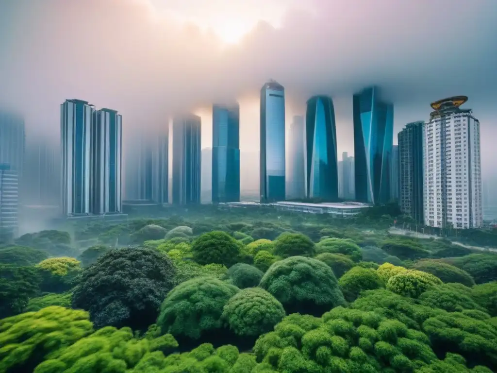 Escena animada de mercado inmobiliario internacional con rascacielos de diferentes estilos y gente negociando