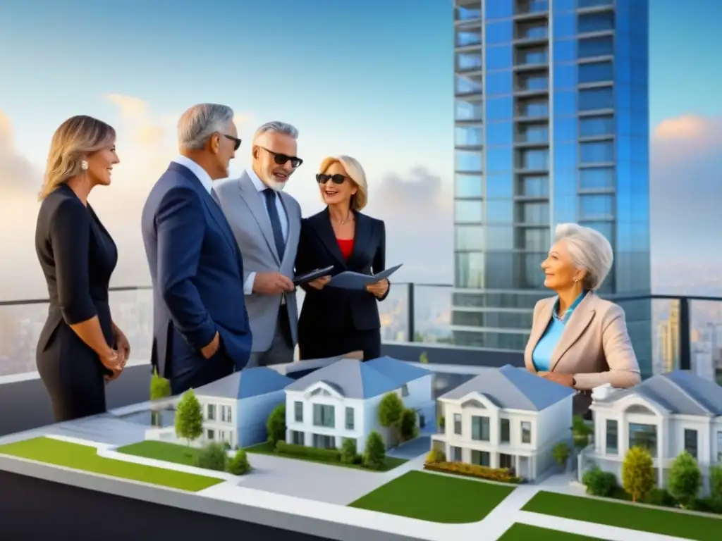 Escena vibrante de mercado inmobiliario con baby boomers Una escena animada de un mercado inmobiliario con baby boomers, mostrando diversidad y profesionalismo