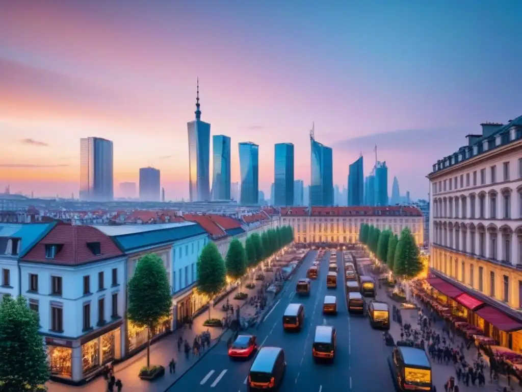 Atardecer vibrante en barrio emergente de Europa del Este Una escena animada de un próspero barrio en Europa del Este, con edificios históricos y modernos