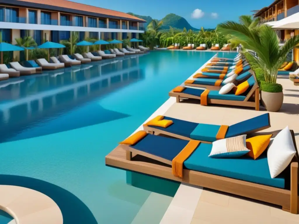 Experiencia multicultural en resort de lujo Una escena armoniosa en un lujoso resort de tiempo compartido, donde personas de diversas culturas disfrutan juntas bajo el sol