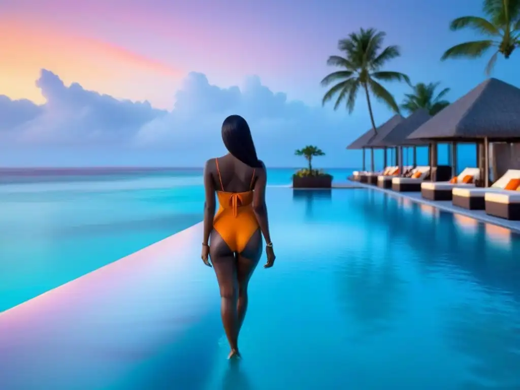 Resort de lujo en el paraíso: timeshare internacional frente al mar Escena cautivadora de resort internacional de tiempo compartido con piscinas infinitas elegantes y atardecer vibrante