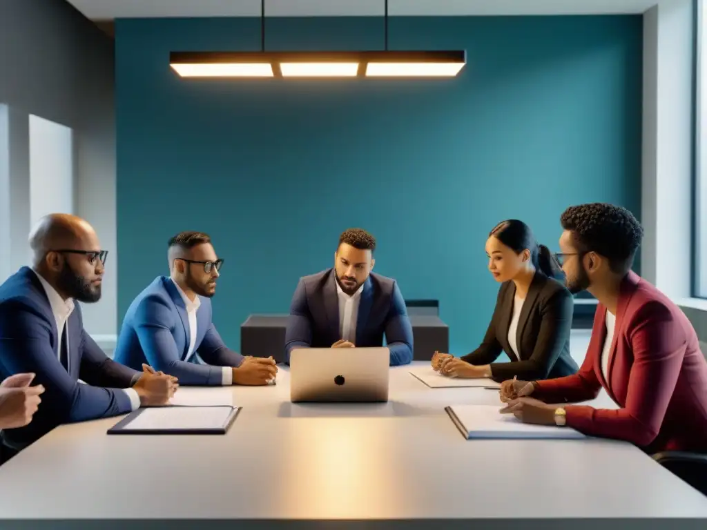 Profesionales globales negociando en oficina moderna Una escena de colaboración y diversidad en negociaciones M&A inmobiliarias internacionales, superando barreras culturales