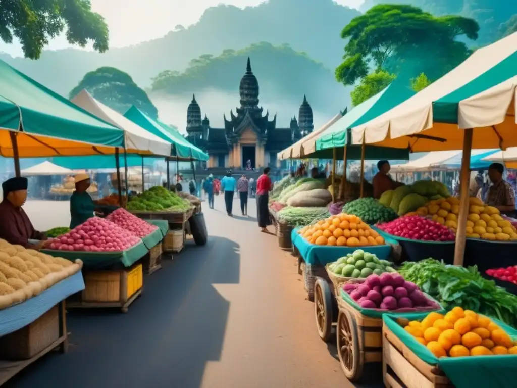 Mercado callejero en Laos: colores vibrantes y tradición Escena colorida de mercado en Laos con vendedores y clientes, frutas y textiles