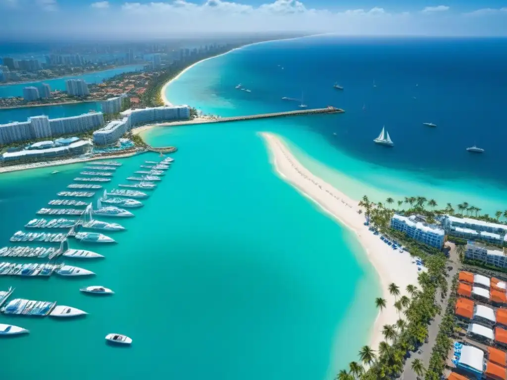 Vista aérea: Ciudad costera de lujo con playas y marinas Escena costera vibrante de ciudad turística con hoteles lujosos, marinas llenas de yates y playa paradisíaca