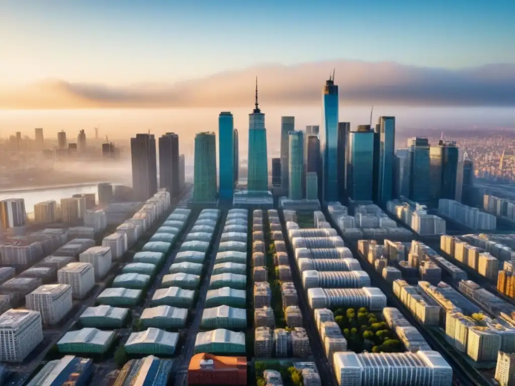 Mercado inmobiliario global diverso: ciudades vibrantes y dinámicas Una escena detallada del mercado inmobiliario global, diversificado y vibrante, con edificios modernos e históricos