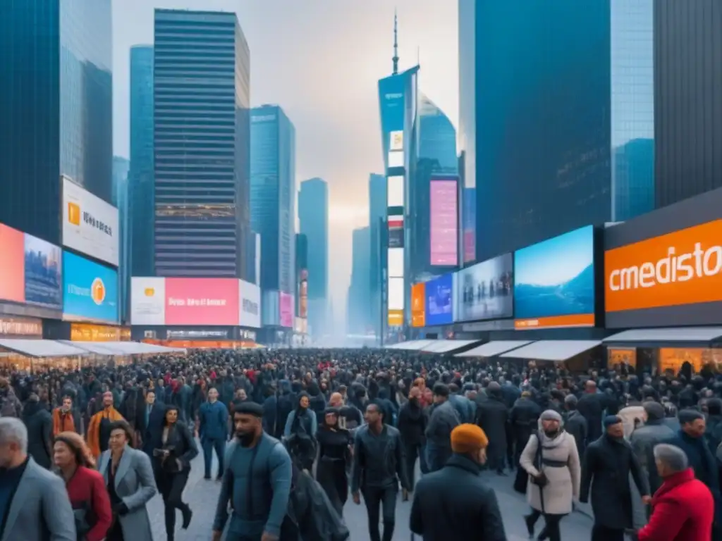Mercado inmobiliario global: escena futurista de alta inflación Escena detallada en 8k de un mercado inmobiliario internacional durante inflación, con rascacielos futuristas y gente diversa